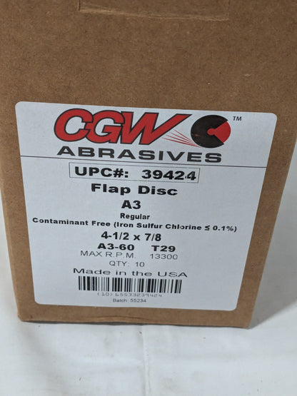 CGW Flap Disc: 4-1/2" Dia, 7/8" Hole, Aluminum Oxide, Type 29 Box of 10 39424