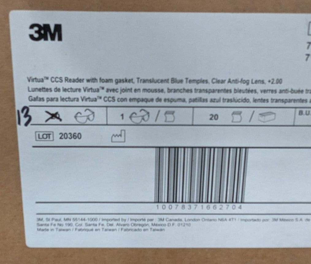 3M Magnifying Safety Glasses: 2.00, Clear Lenses Box of 13 7100046672