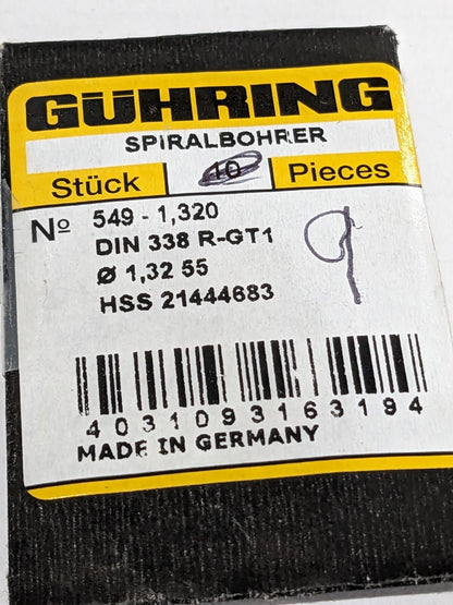 GUHRING Jobber Drill: 1.35 mm Dia, 130 deg Point, HSS Qty 9 9005490013500