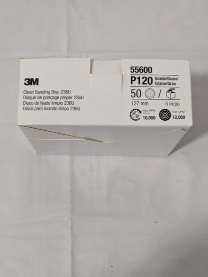 (50) 3M Hook & Loop Disc: 5" Dia, 120 Grit, Coated, Aluminum Oxide 7010029928