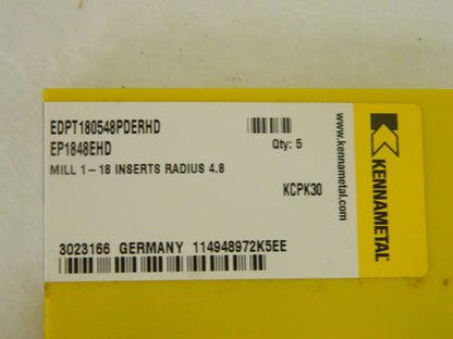 Kennametal Carbide Milling Insert EDPT1848HD Grade KCPK30 Qty. 5   3023166