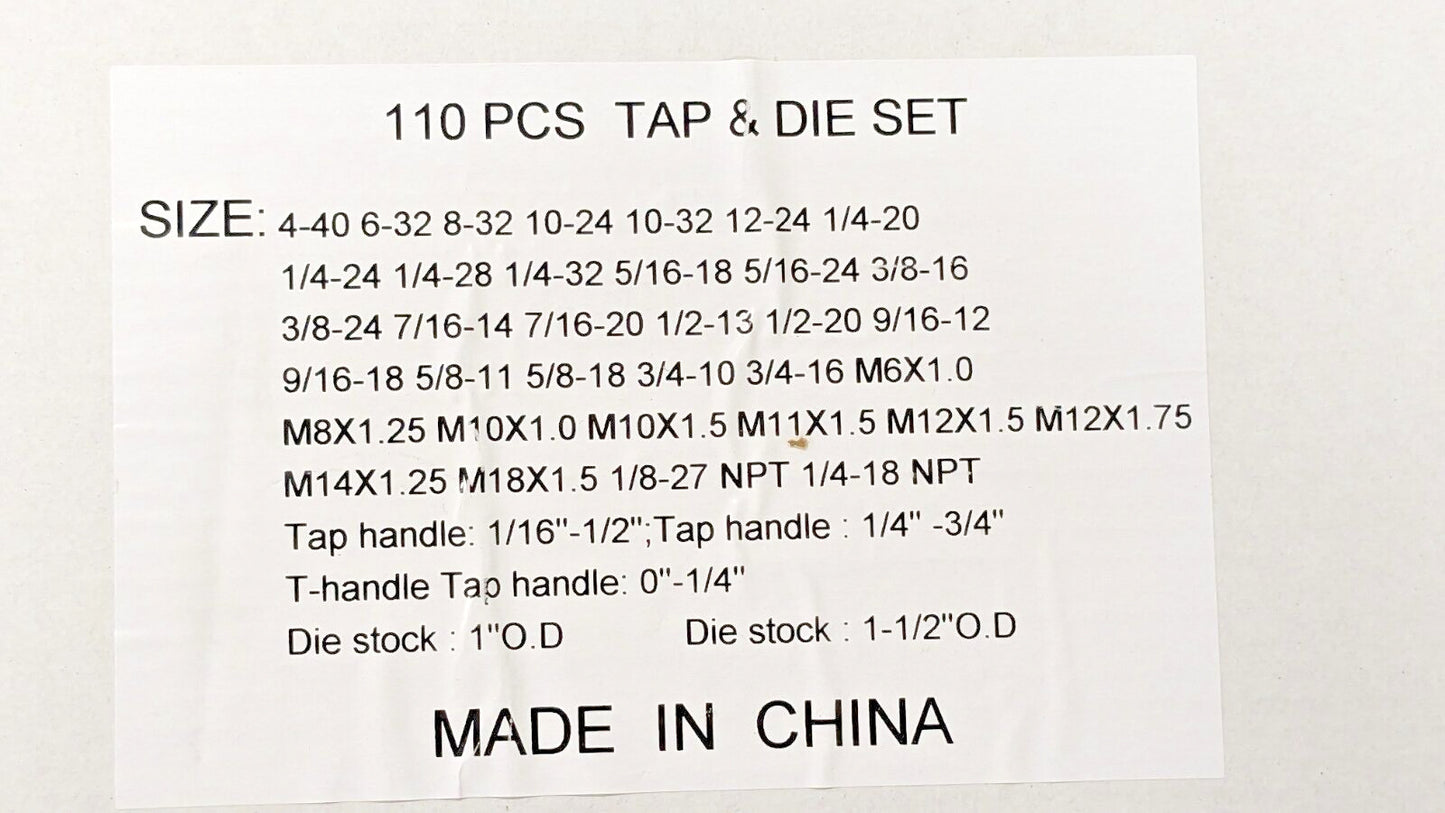 Interstate 110 Piece Tap & Die Set #4-40 to 3/4-16 Taps NPT, UNC & UNF CCT1570
