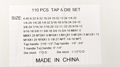 Interstate 110 Piece Tap & Die Set #4-40 to 3/4-16 Taps NPT, UNC & UNF CCT1570