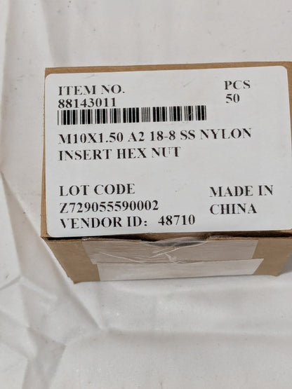 Hex Lock Nut: Nylon Insert, M10x1.5, Class 18-8/A2 Qty 50 MANL010CP