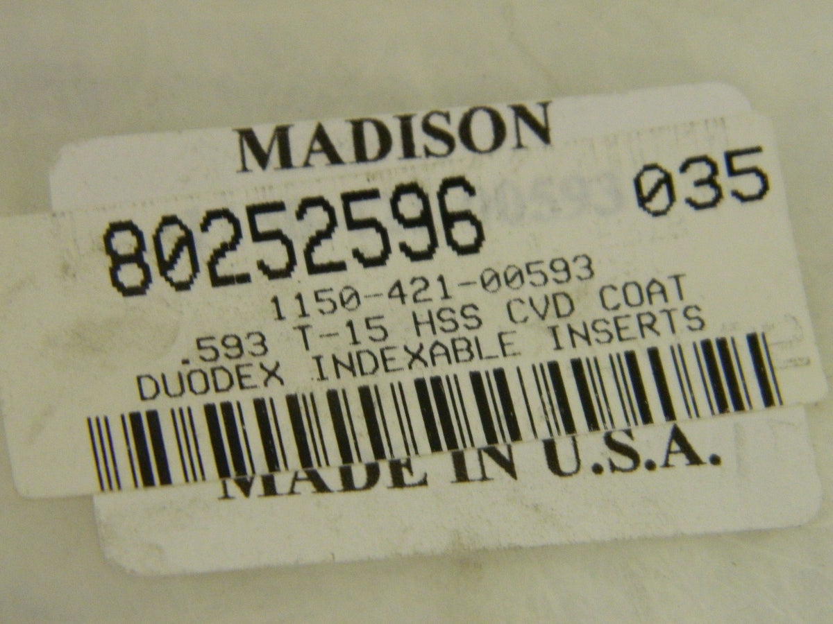 Madison Cutting Tools  0.593" T-15 TiN Duodex Indexable Insert 1150-421-005
