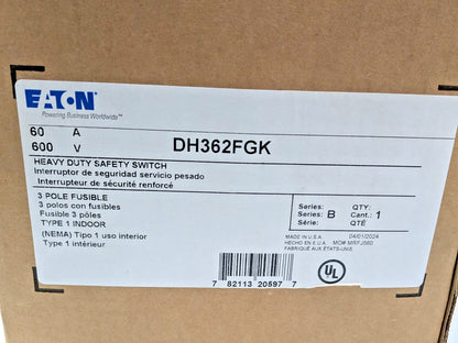 Eaton Heavy Duty Safety Switch 60A 3P 600V Type 1 Indoor Enclosure DH362FGK