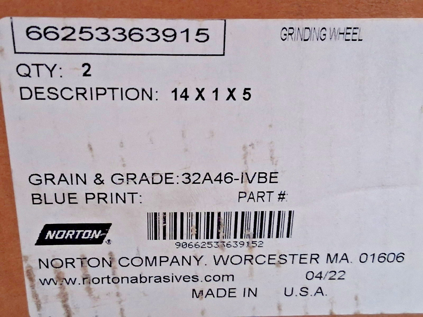 Norton Surface Grinding Wheel 14" Dia 1" Thick 5" Arbor 46 Grit 6