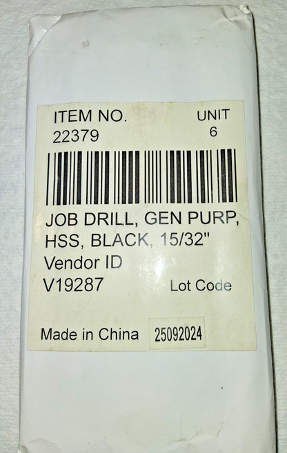 Import Jobber Length Drill Bit 15/32"Dia HSS 22379