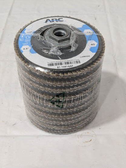 ARC ABRASIVES Flap Disc: 4-1/2" Dia, 40 Grit, ZA, Type 29 Qty 10 87-10814AF