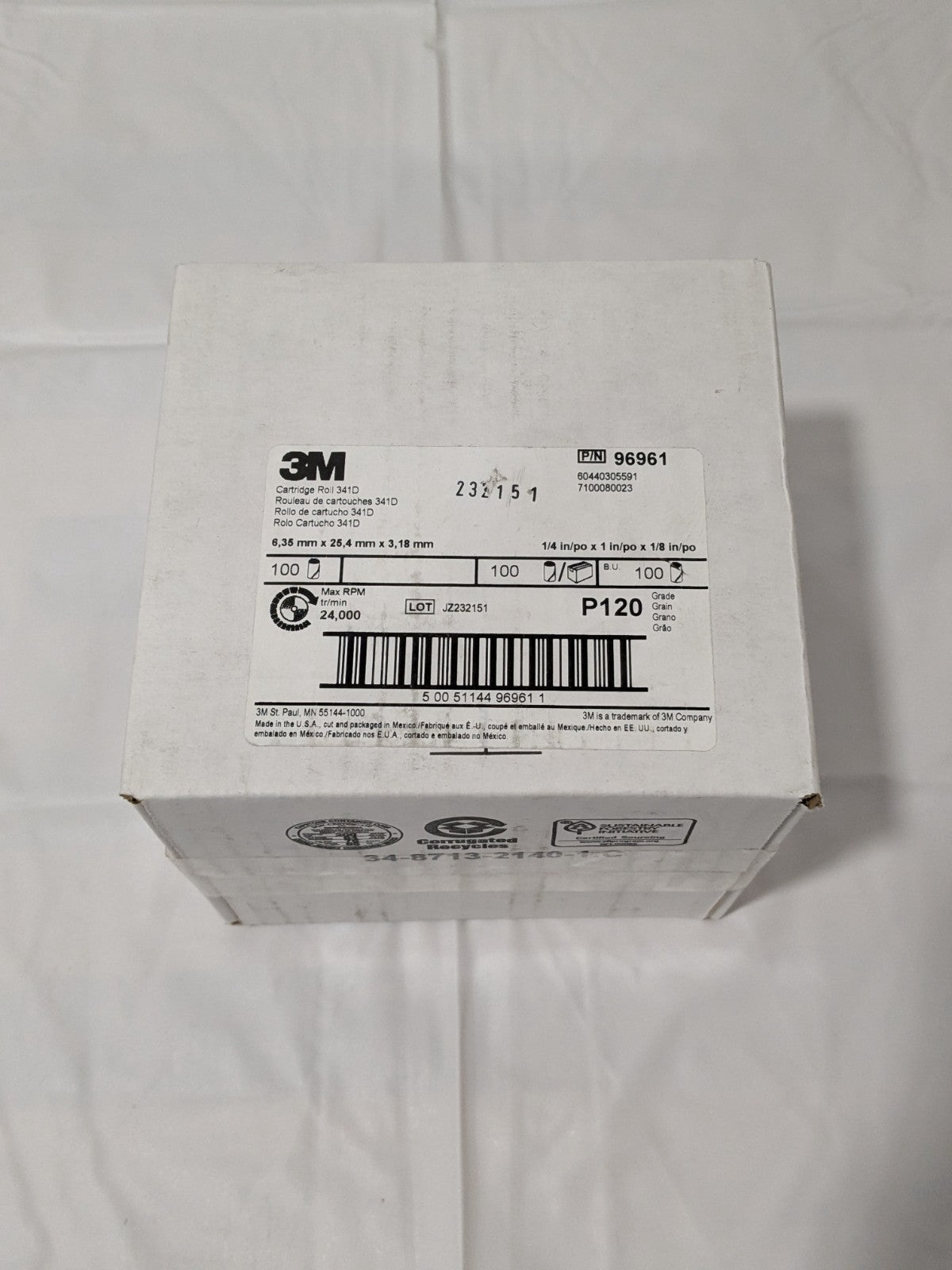 3M Straight Cartridge Roll: 1/4" Dia, 120 Grit, AO Box of 100 7100080023