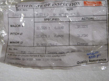 SPI Metric Taperlock Thread Plug Gage Single End M33x2 Thread No Go 34-605-6