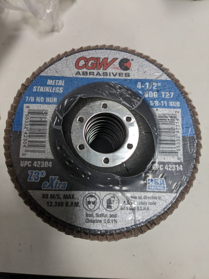 CGW 10pc Flap Disc: 4-1/2" Dia, 7/8" Hole, 60 Grit Type 27 Zirconia Alumina42304