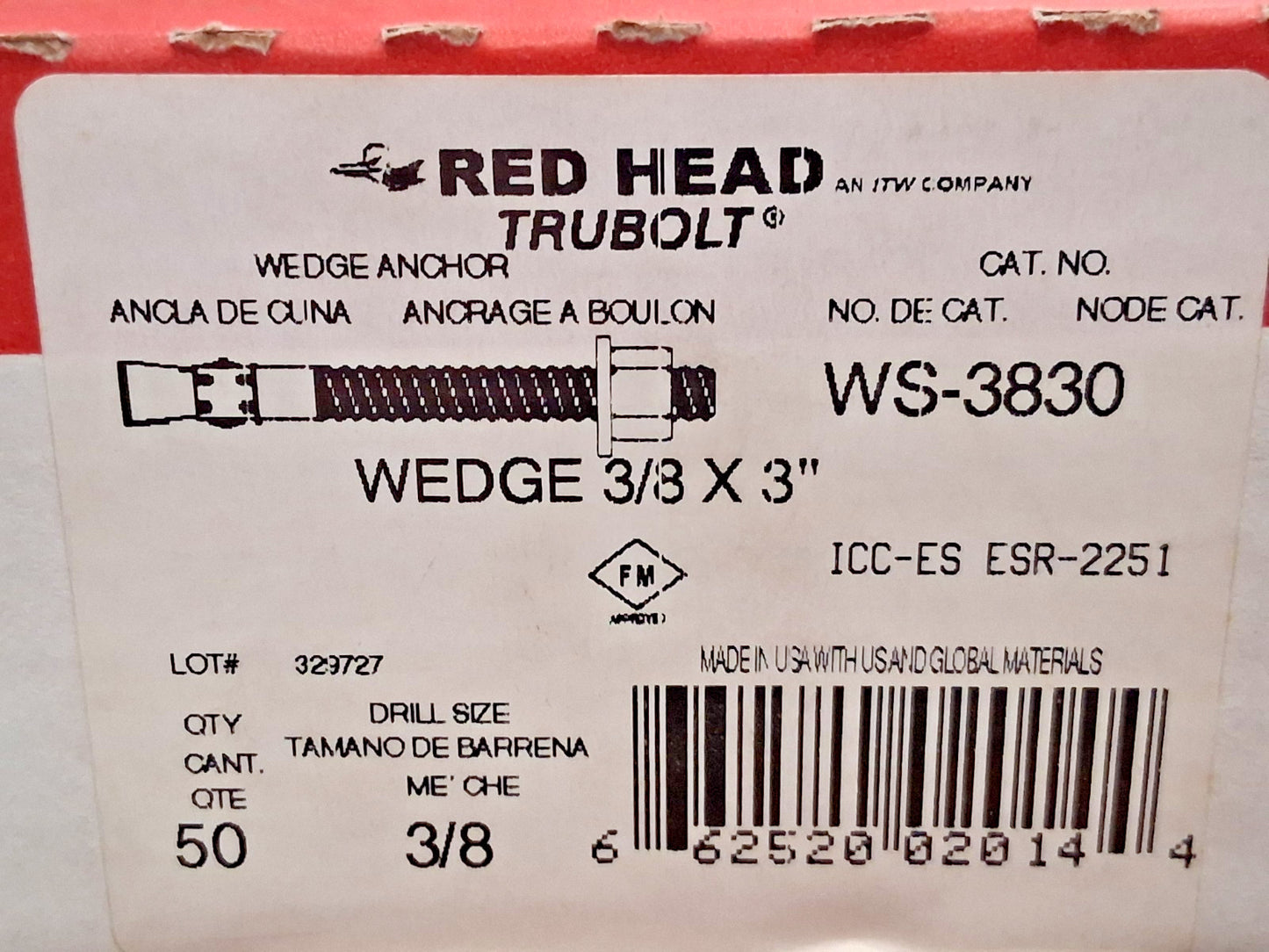 Red Head Concrete Wedge Expansion Anchor 3/8" Dia 3" OAL WS-3830