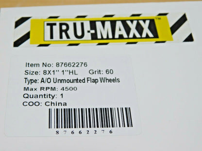 Tru-Maxx Unmounted Flap Wheels A/O 8" x 1" x 1" 60 Grit 4500RPM QTY 2 87662276