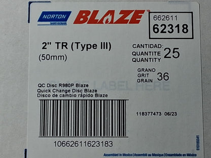 Norton Premium Ceramic Alumina Quick-Change Discs Type R QTY25 36 Grit 83833632