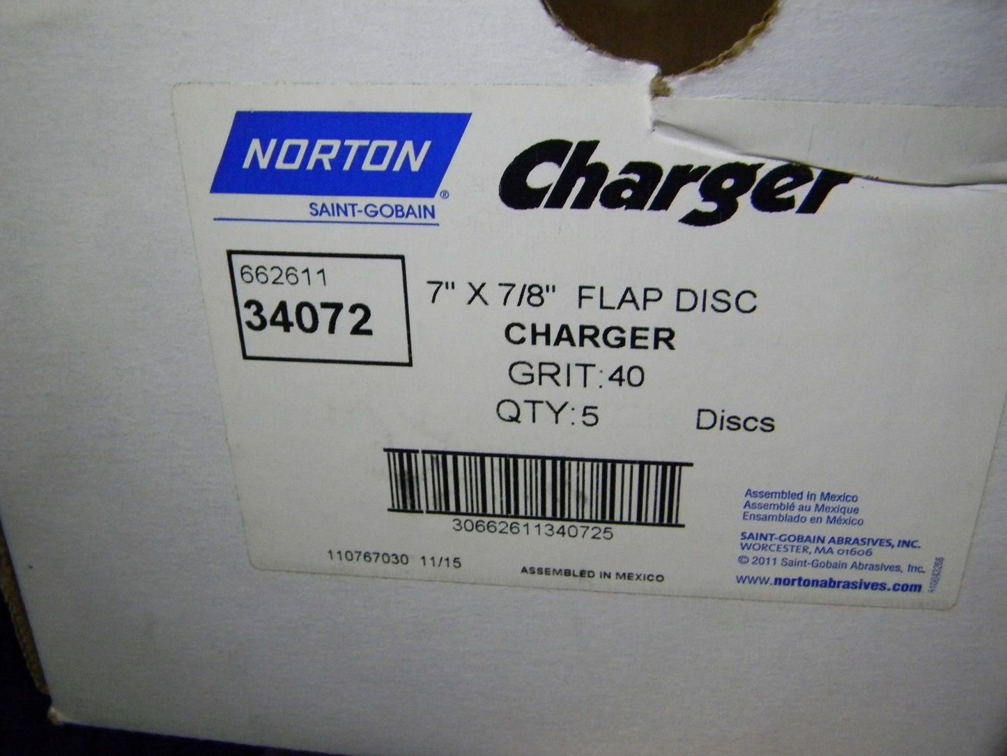 Norton Charger Zirconia Alumina Flap Discs 5Pk  7" x 7/8" 40 Grit 6626