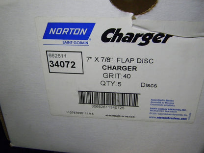 Norton Charger Zirconia Alumina Flap Discs 5Pk  7" x 7/8" 40 Grit 6626