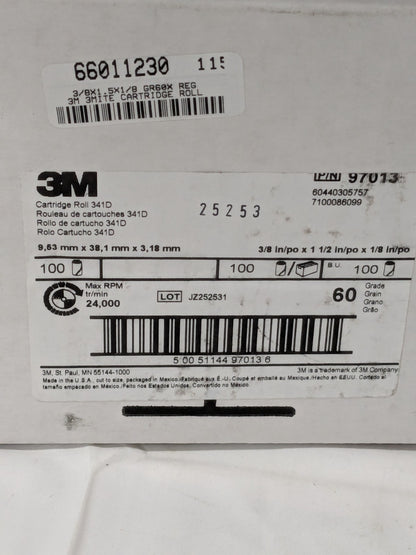 (100) 3M Straight Cartridge Roll: 3/8" Dia, 60 Grit, Aluminum Oxide 7100086099