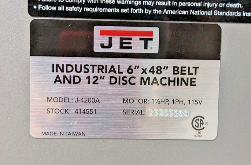 JET J-4200A  6 x 48" Belt &amp; 12" Disc Sander  230V  1-1/2HP  *Scrat
