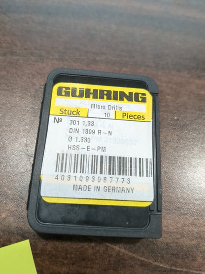 GUHRING Micro Drill Bits 10 pk : 1.33 mm Dia, 118 deg Point, Cobalt 900301001330