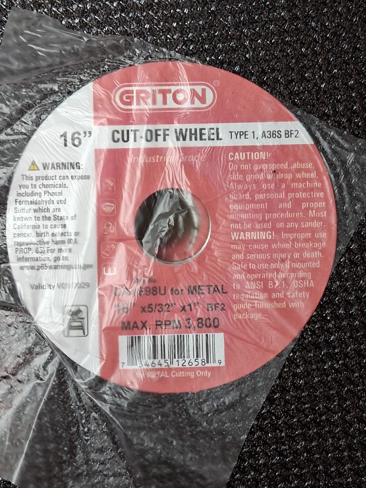 Griton Aluminum Oxide Cutoff Wheels Type 1 16" Dia 5/32" Thick 1" QTY10 CA1698U