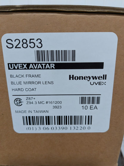 Uvex Avatar Safety Glasses, Black Frame, Blue Mirror Lens Box of 10 S2853