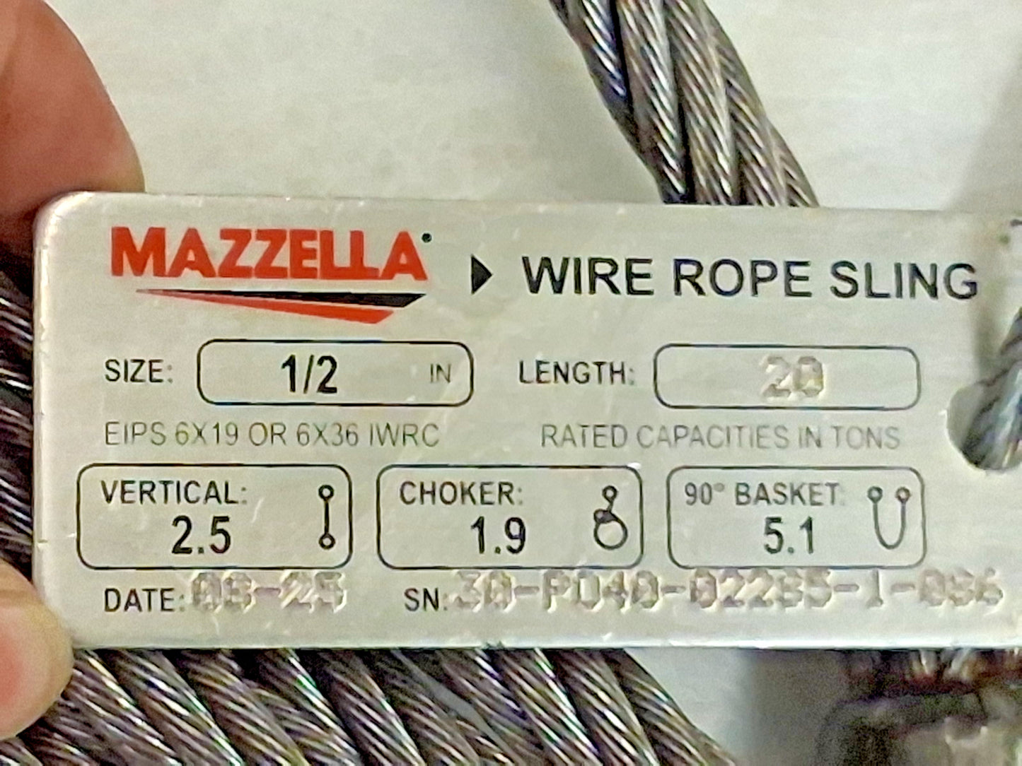 Mazzella Eye Wire Rope Sling Steel Core Wire Rope 12" x 20Ft 0500X020