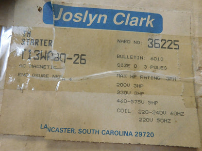 Joslyn Clark NEMA Motor Starters Amperage: 18 NEMA Size: 0 T13WA30-26