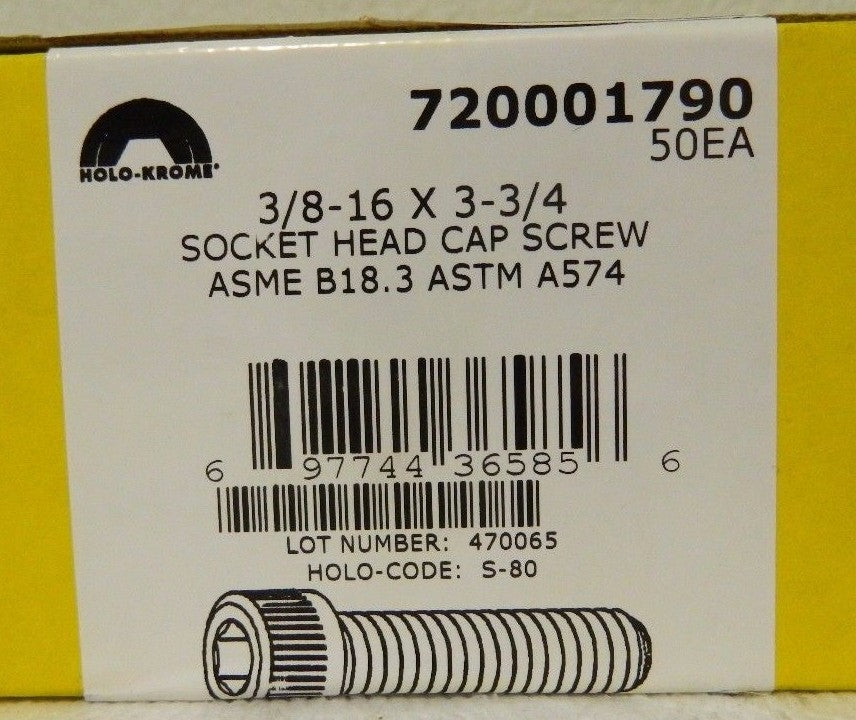 Holo-Krome 3/8"-16 x 3-3/4" Hex Drive Sock Cap Screw QTY 50  ASTM A574 720001790