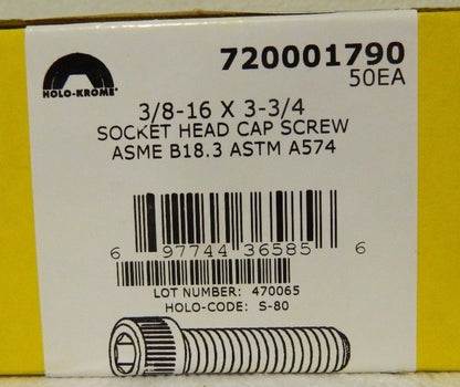 Holo-Krome 3/8"-16 x 3-3/4" Hex Drive Sock Cap Screw QTY 50  ASTM A574 720001790