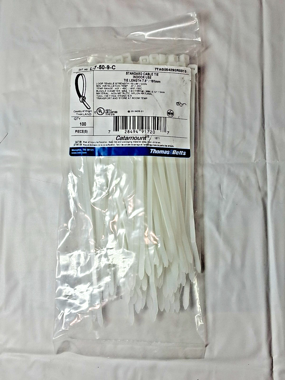 Thomas&Betts Natural Nylon Cable Tie 7.5" 50 LB  QTY 1000 L-7-50-9-C