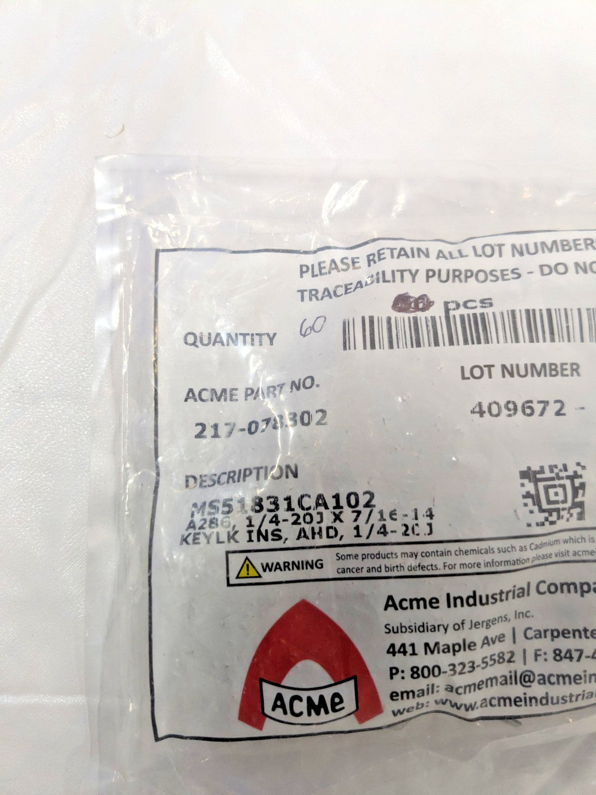 Acme Industrial Company Heavy Duty Key Locking Inserts 7/16-14 Qty 60 217-078302