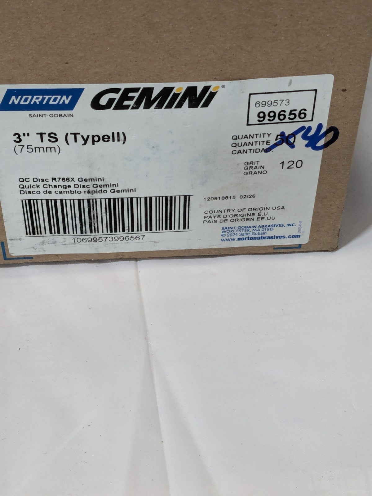 Norton Quick-Change Disc: Type S, 3" Dia, 120G, AO, Coated Qty 40 69957399656