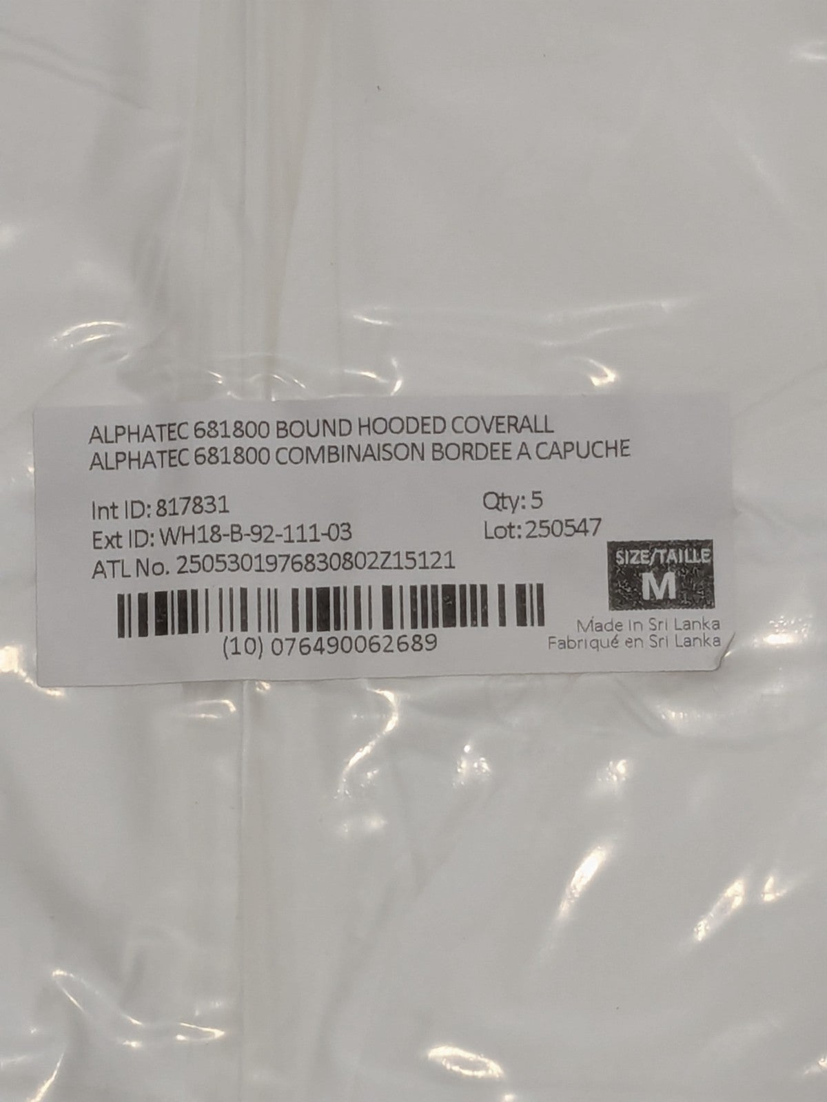 Ansell Rain & Chemical-Resistant Coveralls: SZ M Qty 20 WH18-B-92-111-03