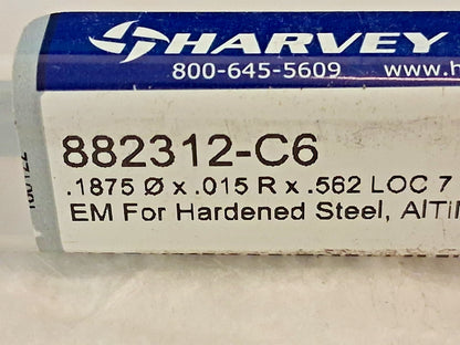 Harvey Tool Corner Radius End Mill 3/16" Dia 9/16" LOC 7FL 882312-C6