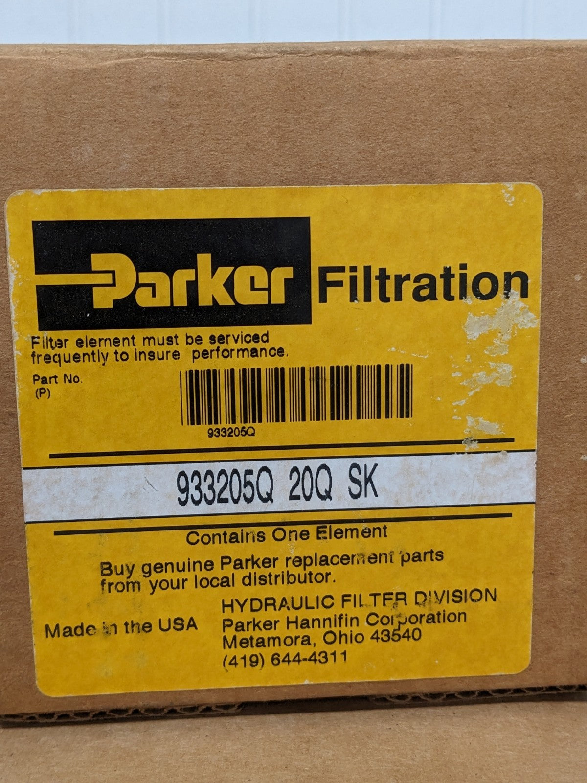 PARKER Hydraulic Filter Element: Microglass, 20 Micron 933205Q