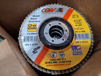 CGW Abrasives Zirconia Alumina Flap Discs QTY10 4-1/2" Dia 36 Grit 42301
