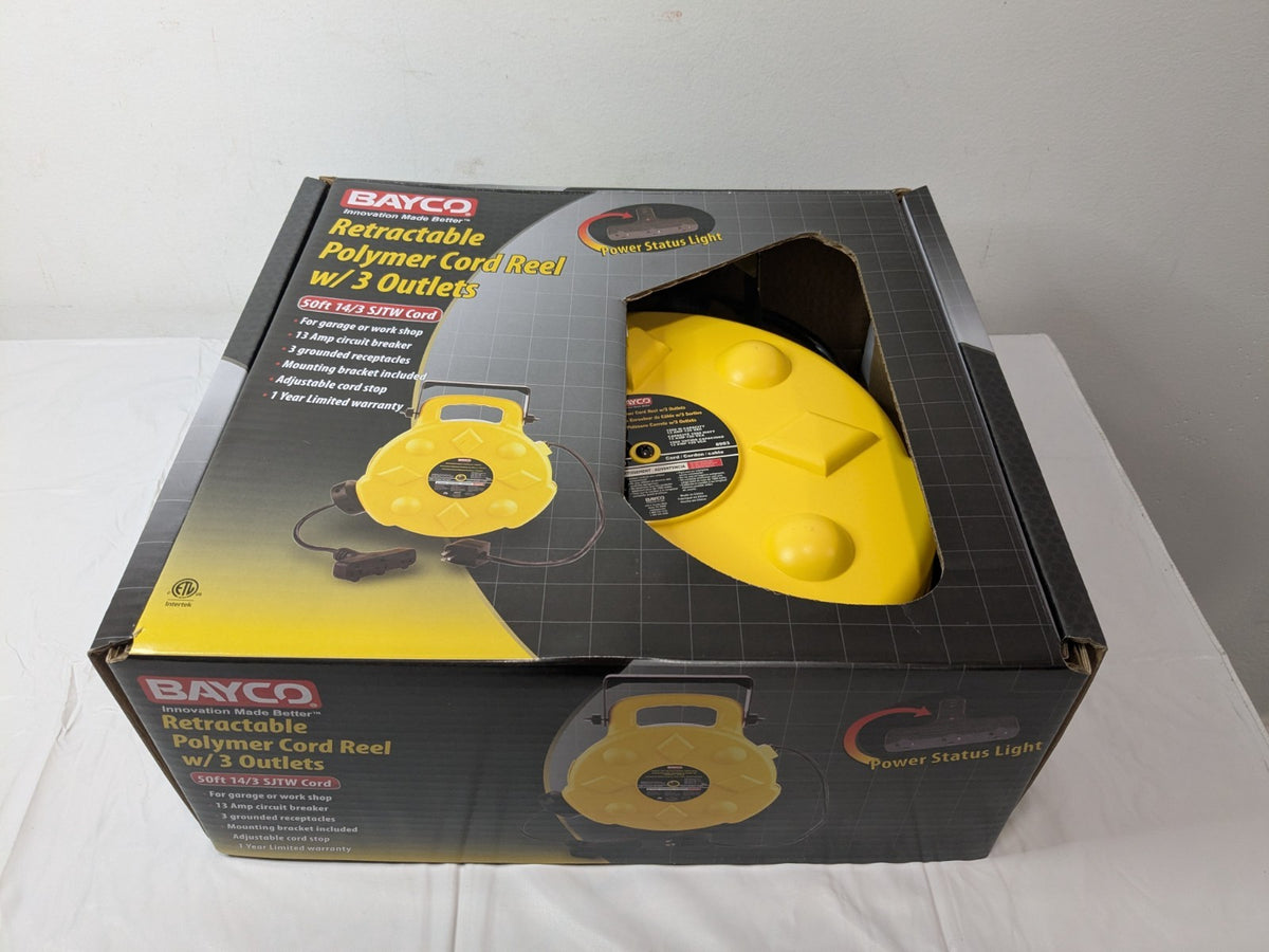 Bayco 50ft Retractable Polymer Cord Reel w/3 Outlets 13Amp SL-8903