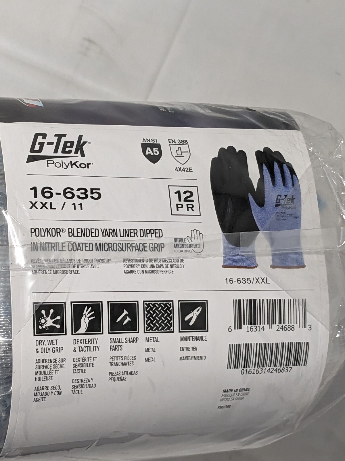 G-Tek PolyKor, 13 Gauge Shell, Black Nitrile MicroSurface Grip, A5 Qty 12 Sz XXL