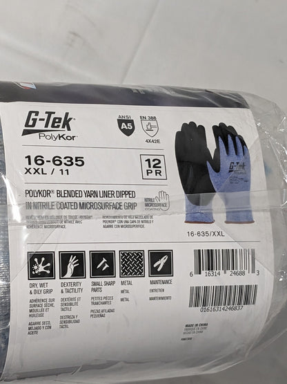 G-Tek PolyKor, 13 Gauge Shell, Black Nitrile MicroSurface Grip, A5 Qty 12 Sz XXL