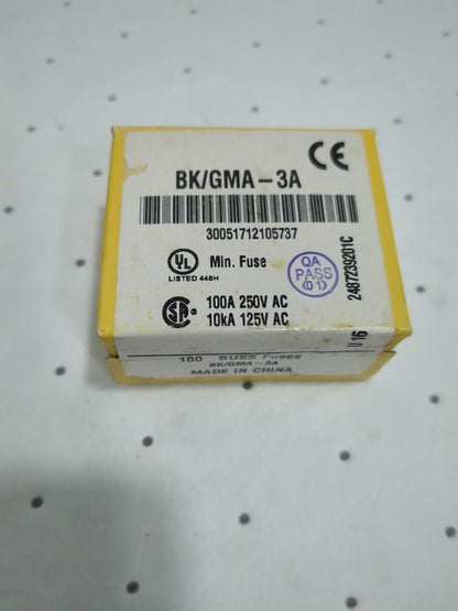 BUSSMANN FUSE 100pk 3A 250VAC FAST ACTING GLASS 5X20MM BK/GMA-3A
