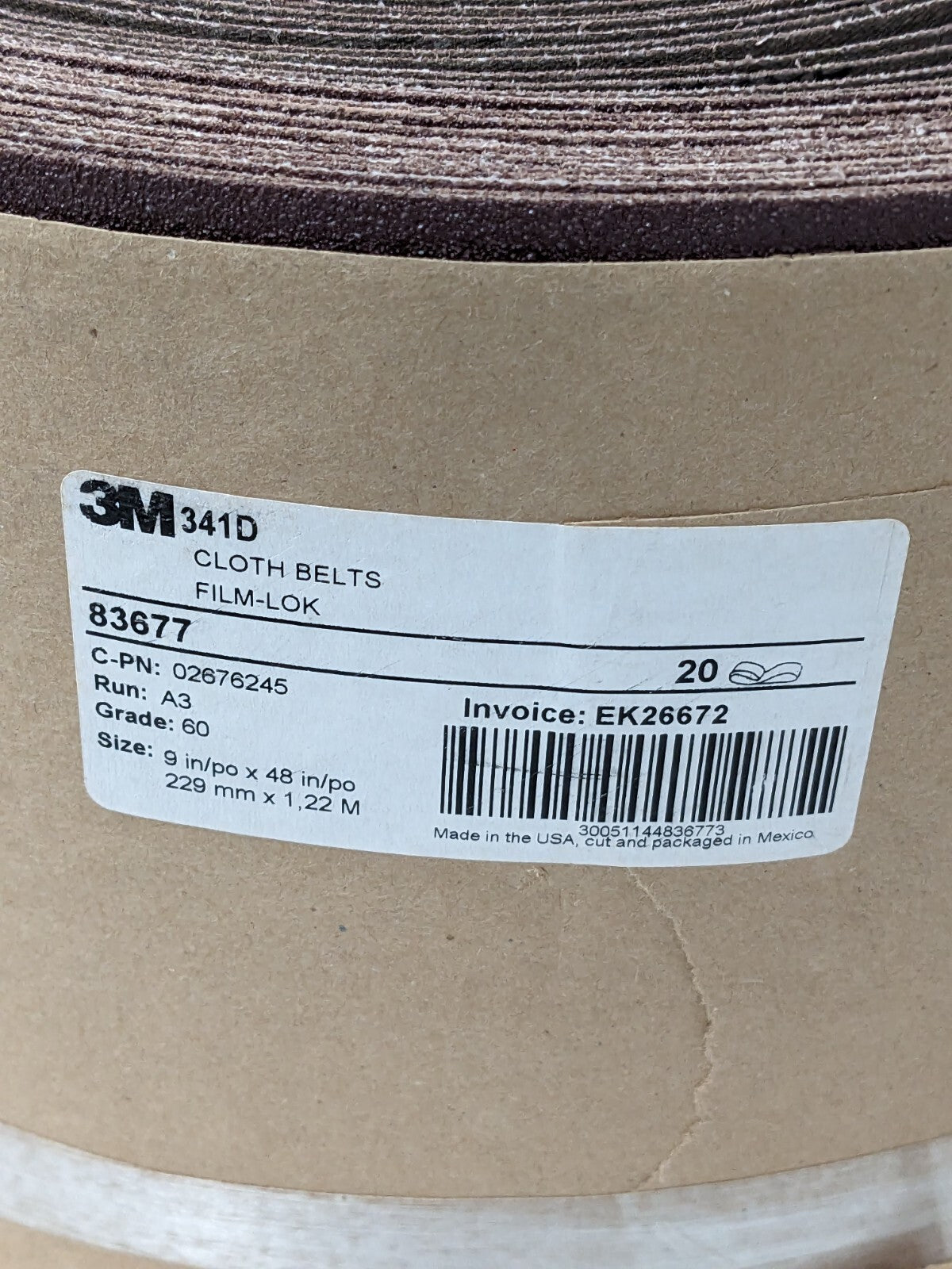 3M Abrasive Belt: 9" Wide, 48" OAL, 60 Grit, Aluminum Oxide Qty 20 7010361752
