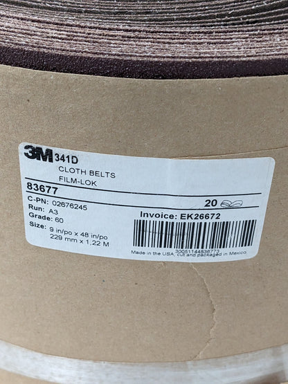 3M Abrasive Belt: 9" Wide, 48" OAL, 60 Grit, Aluminum Oxide Qty 20 7010361752