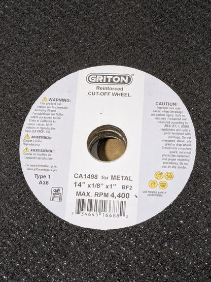 Griton Cutoff Wheel Type 1 (01/41), 14" Dia, 1/8" Thick, 1" Hole Qty 10 01252535