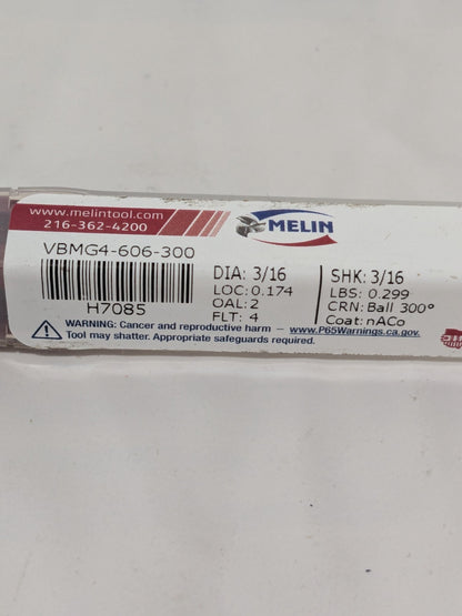 Melin Tools Ball End Mill: 3/16" Diam. 4 FL, 2" OAL VBMG4-606-300