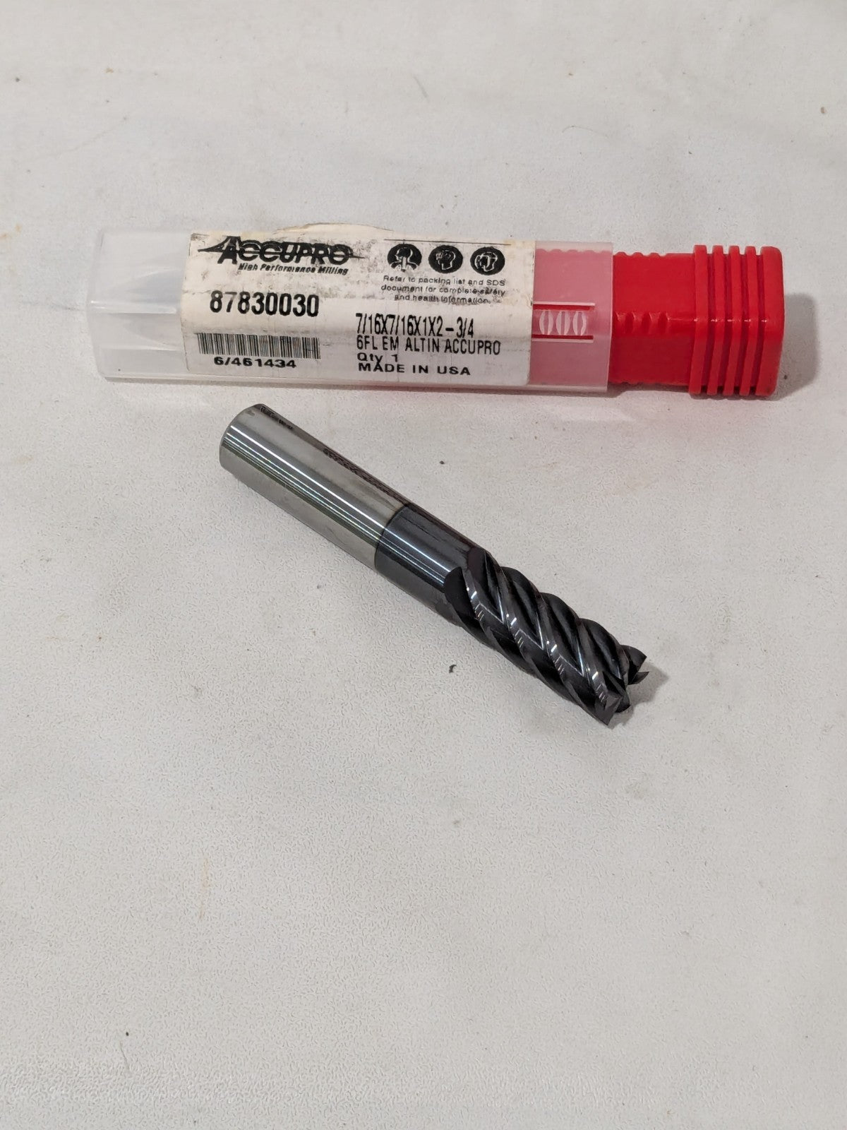 Accupro Square End Mill: 7/16" Dia, 1" LOC 2-3/4" OAL, 6 FL 87830030