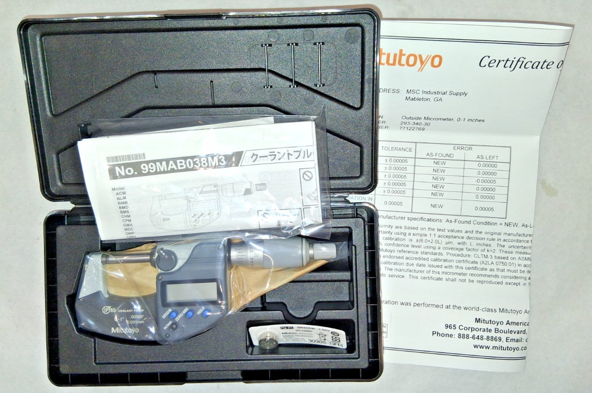 Mitutoyo Electronic Outside Micrometer 0.00 mm to 1" Carbide 293-340-30CAL