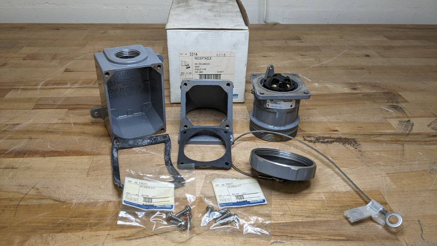 Russellstoll T &amp; B 3314 Receptacle w/ Junction Box &amp; Cap 30A 3W4P 480VAC