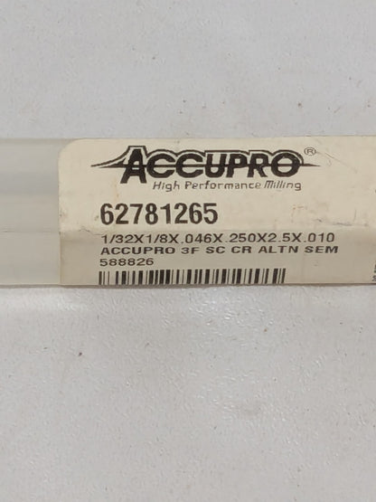 Accupro Corner Radius End Mill 1/32" Diam, 3 FL, 2-1/2" OAL 62781265