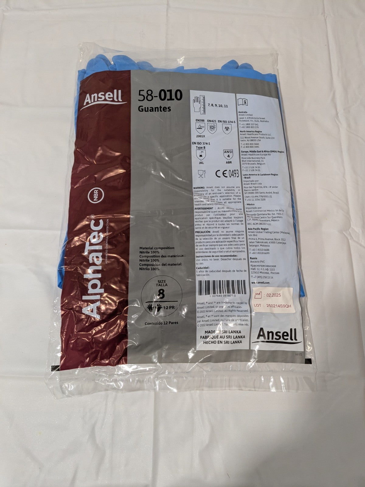 (12)Ansell Chemical Resistant Gloves, Nitrile, Full, Gauntlet, Blue, Sz 8 58-010